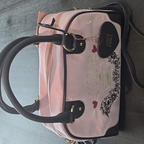 Juicy Couture Retro Chic Flamingo/Chocolate Velour Satchel - Picture 8 of 11